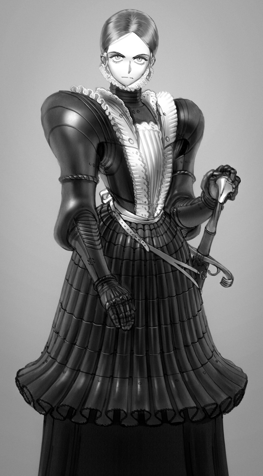 1girl absurdres apron armor armored_dress bangs closed_mouth frown gauntlets grey_background greyscale hand_on_hilt highres looking_at_viewer medieval monochrome original parted_bangs pauldrons shoulder_armor simple_background solo standing tagme wassnonnam