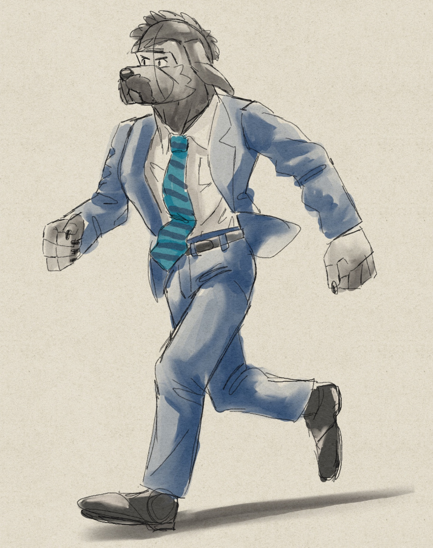 2023 anthro black_body black_nose bottomwear canid canine canis clothing domestic_dog facial_hair hi_res humanoid_hands kamui_shirow kemono male mammal mustache necktie pants shirt simple_background solo suit topwear walking