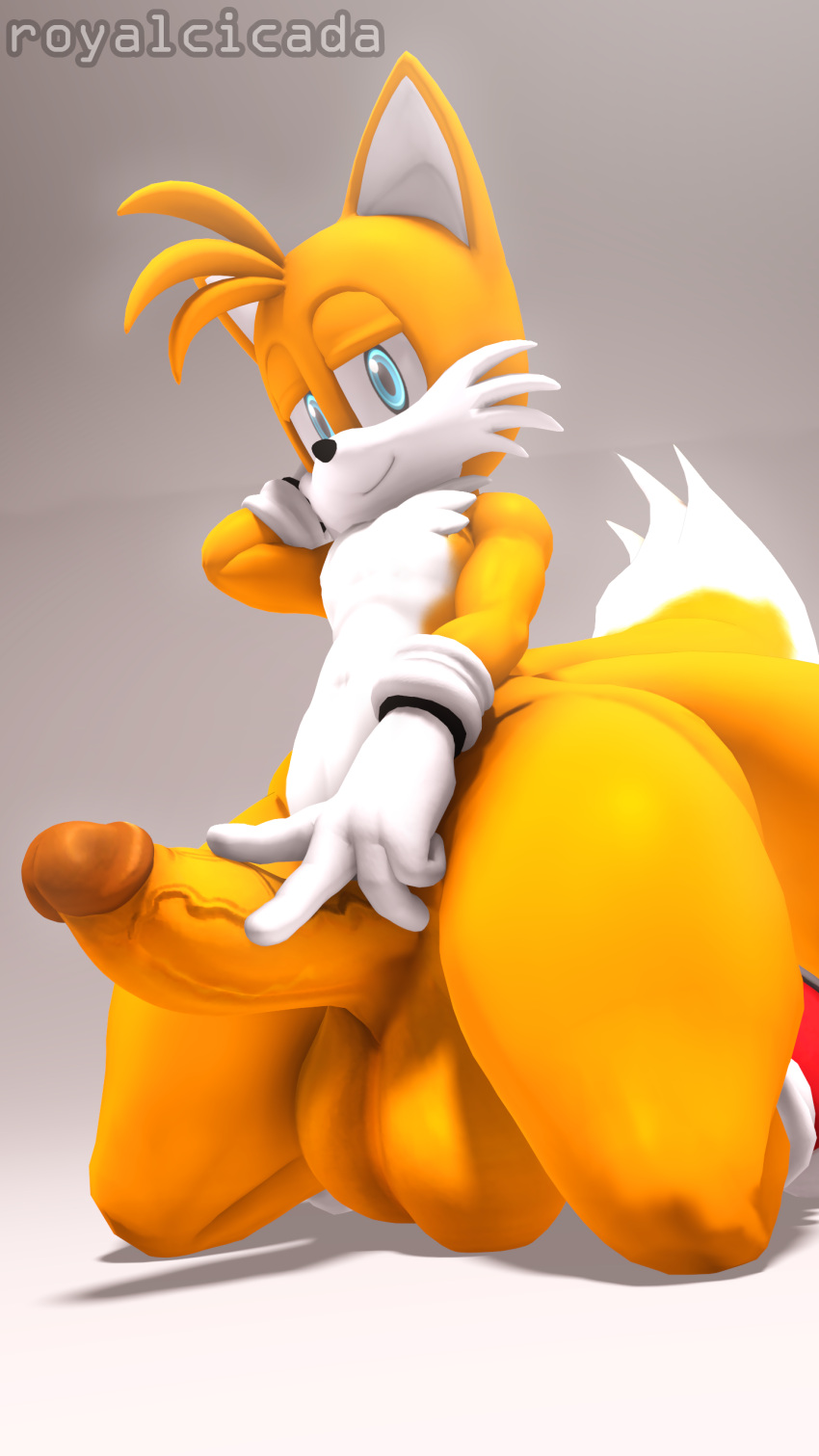 2_tails 3d_(artwork) absurd_res anthro balls big_balls big_butt big_penis blue_eyes bubble_butt butt canid canine clothing digital_media_(artwork) dutch_angle fox genitals gloves handwear hi_res kneeling looking_at_viewer male mammal miles_prower mostly_nude multi_tail narrowed_eyes nude penis pose presenting raised_arm royal_cicada seductive sega simple_background smile solo sonic_the_hedgehog_(series) source_filmmaker tail thick_thighs wide_hips