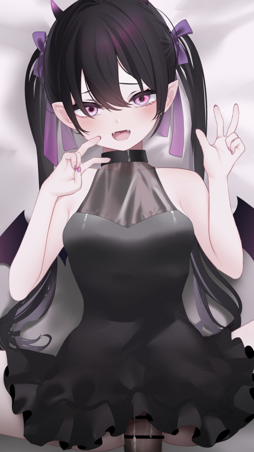 1girl bar_censor bare_arms black_dress black_hair blush censored covered_penetration demon_girl dress fangs fingernails hair_ribbon hetero highres horns long_hair looking_at_viewer lying migihidari_(puwako) nail_polish on_back open_mouth original penis pink_eyes pointy_ears pov pov_crotch purple_nails purple_ribbon ribbon sex solo_focus spread_legs twintails v very_long_hair w