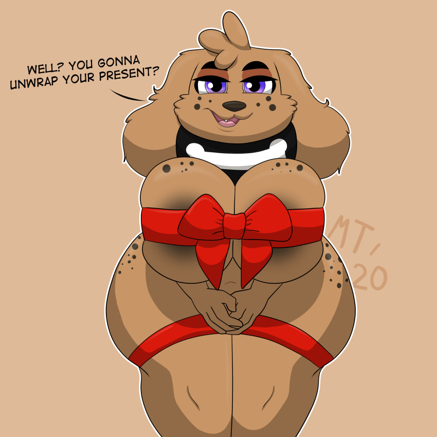 2020 absurd_res anthro bdsm big_breasts big_butt bondage bound bow_ribbon breasts brown_body brown_fur butt canid canine canis collar digital_drawing_(artwork) digital_media_(artwork) domestic_dog female floppy_ears freckles fur hi_res huge_breasts mammal narrowed_eyes purple_eyes ribbon_bondage ribbons solo sprinkles_(thehoneybutter) sudsypup text thick_thighs wide_hips