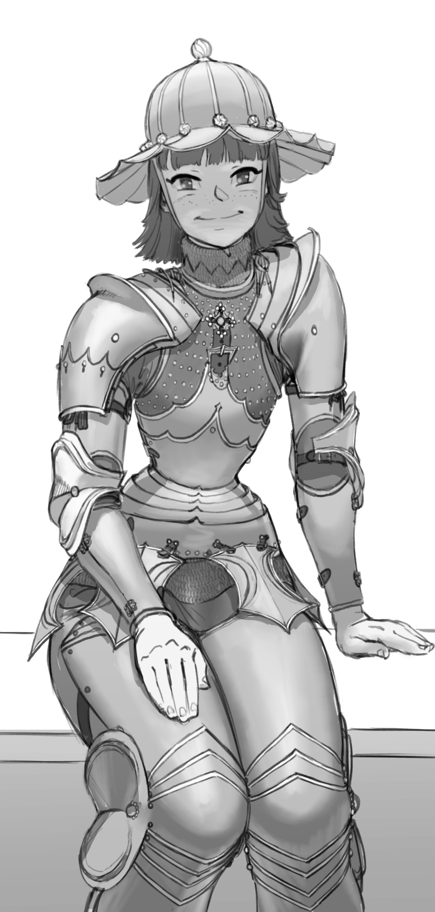 1girl absurdres armor breastplate closed_mouth freckles greaves greyscale helmet highres looking_at_viewer medium_hair monochrome original pauldrons shoulder_armor sitting smile solo wassnonnam