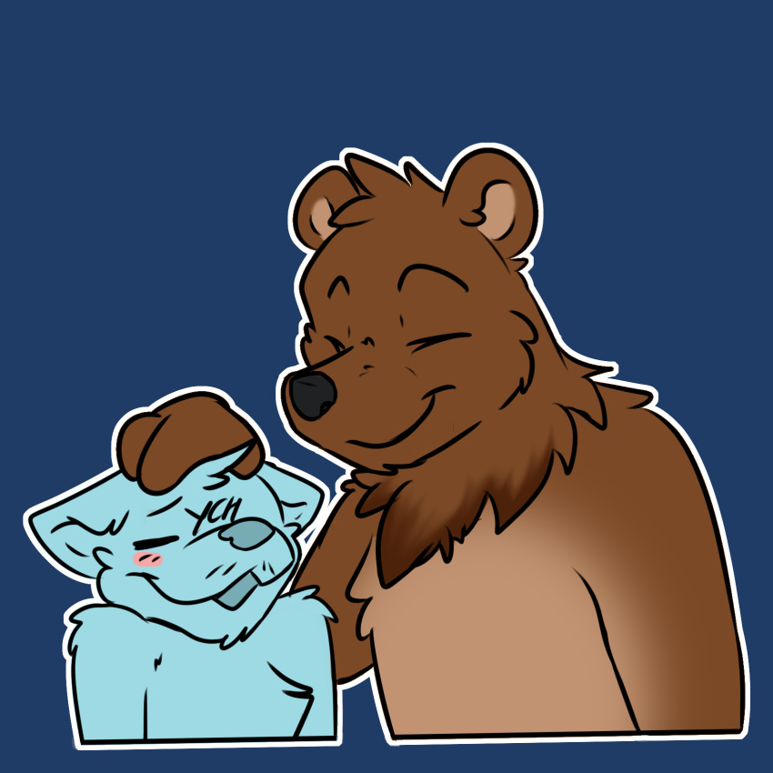 2023 anthro bear bearphones blue_background blue_body blush brown_bear brown_body brown_fur duo eyes_closed fur grizzly_bear hi_res male mammal neck_tuft outline peperott petting petting_head reaction_image satisfied simple_background smile tuft ursine white_outline ych_(character)