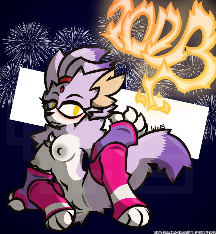 absurd_res anthro blaze_the_cat blush breasts claws clothing dipstick_tail domestic_cat felid feline felis female fire fireworks fur genitals gloves handwear hi_res holidays inner_ear_fluff legwear long_tail looking_at_viewer mammal markings mostly_nude multicolored_body multicolored_fur new_year new_year_2023 nipples purple_body purple_fur pussy sega sitting smile smiling_at_viewer solo sonic_the_hedgehog_(series) stockings tail tail_markings tuft two_tone_body two_tone_fur white_body white_fur wub_(artist) yellow_eyes