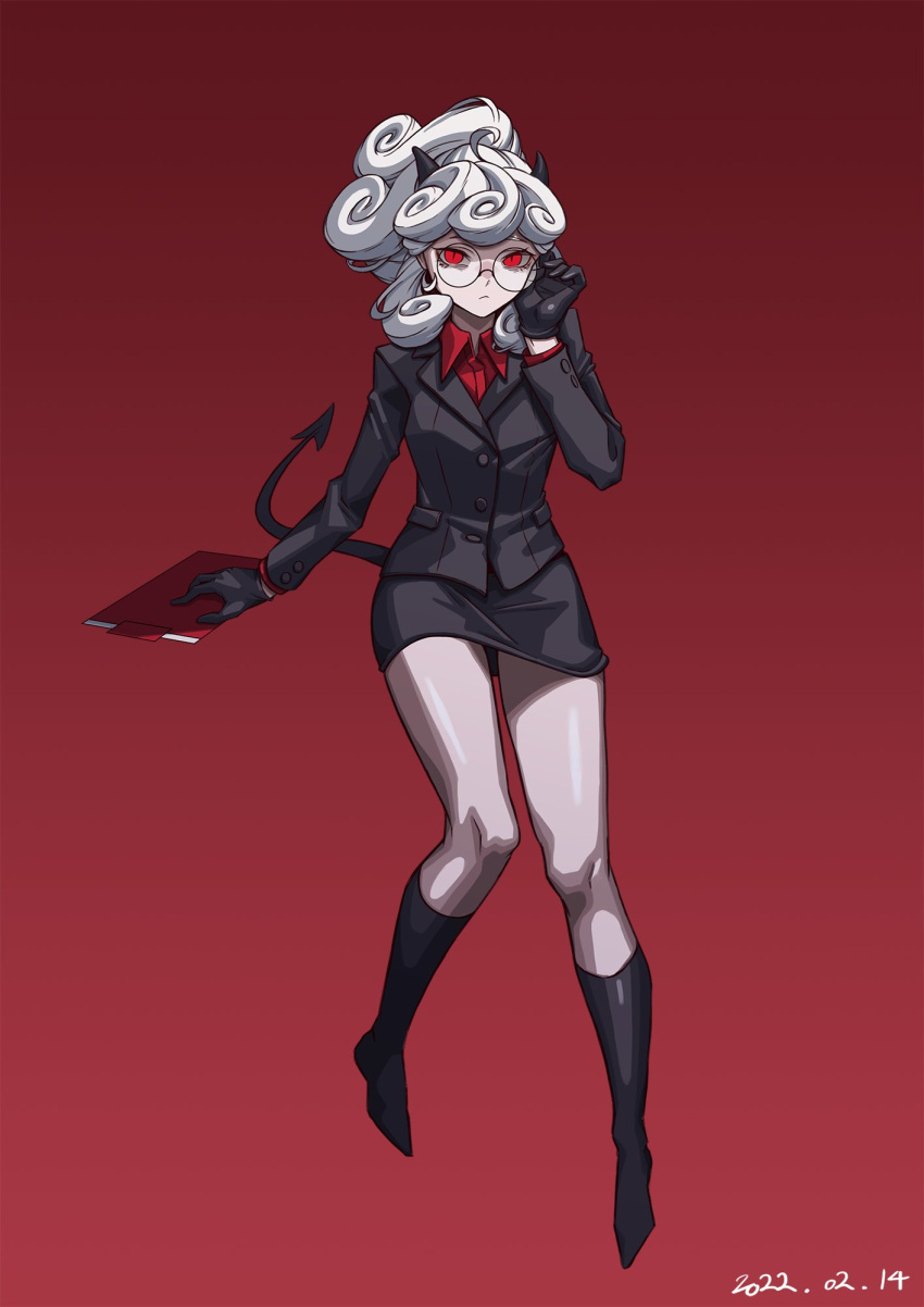 1girl black_footwear black_gloves black_horns black_jacket black_skirt demon_girl demon_horns demon_tail gloves hand_on_eyewear helltaker highres horns jacket junik_(snrj2255) looking_at_viewer pandemonica_(helltaker) red_eyes red_shirt round_eyewear shirt skirt tail