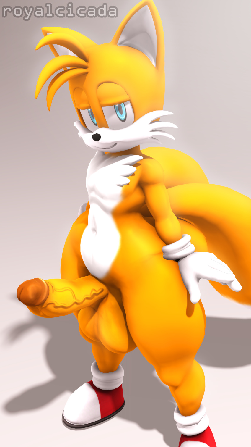 2_tails 3d_(artwork) absurd_res anthro balls big_balls big_butt big_penis biped blue_eyes butt canid canine clothing digital_media_(artwork) fox fur genitals gloves handwear hi_res looking_at_viewer looking_up male mammal miles_prower mostly_nude multi_tail penis royal_cicada sega solo sonic_the_hedgehog_(series) source_filmmaker tail thick_thighs white_body white_fur wide_hips yellow_body yellow_fur