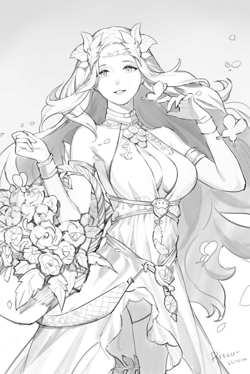 1girl absurdres armlet artist_name bare_shoulders basket breasts bug butterfly circlet cleavage cleavage_cutout clothing_cutout cowboy_shot dated dress falling_petals feathers final_fantasy final_fantasy_xiv flower flower_basket grey_background greyscale hands_up head_wreath highres holding holding_basket laurel_crown li_jin long_hair looking_at_viewer monochrome nophica parted_lips petals rose signature simple_background sleeveless sleeveless_dress sleeveless_turtleneck_dress smile solo standing turtleneck_dress wavy_hair wristband