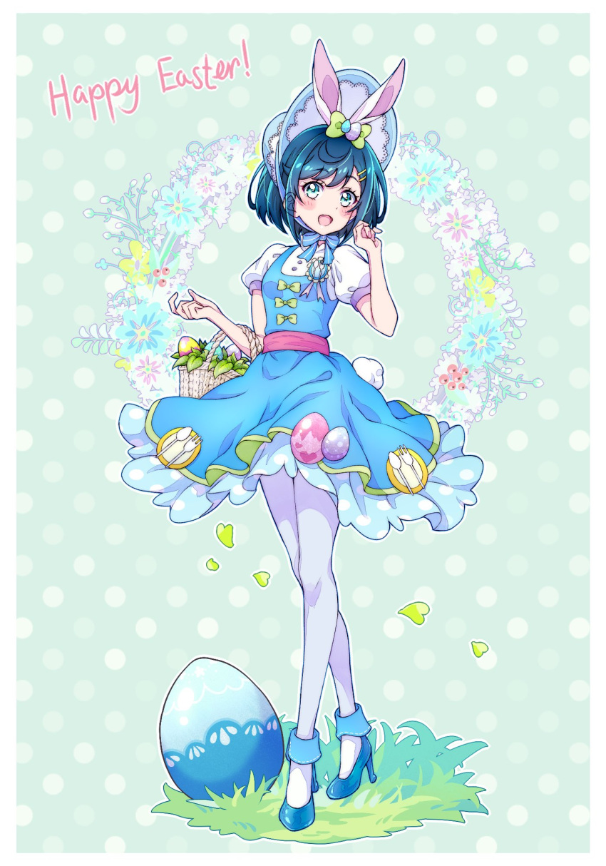 1girl :d animal_ears basket blue_background blue_dress blue_eyes blue_footwear blue_hair blue_headwear blue_ribbon blush border delicious_party_precure dress easter_egg egg full_body fuwa_kokone hair_ornament hairclip happy_easter high_heels highres holding holding_basket kyoutsuugengo layered_dress medium_hair open_mouth pantyhose pinafore_dress polka_dot polka_dot_background precure rabbit_ears ribbon shirt short_sleeves smile solo white_border white_pantyhose white_shirt