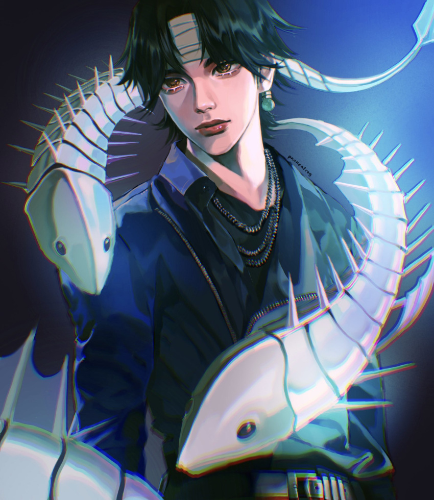 1boy bangs belt black_hair blue_shirt brown_eyes chain_necklace chrollo_lucilfer collared_shirt earrings fish_bone highres hunter_x_hunter jewelry lips looking_at_viewer male_focus necklace parted_bangs phoneafrog shirt solo_focus