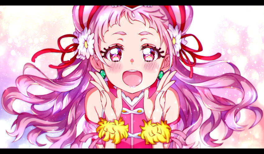 1girl :d arm_strap black_border blush border cure_yell double_bun earrings floating_hair flower hair_bun hair_flower hair_ornament hair_ribbon highres hugtto!_precure jacket jewelry kyoutsuugengo letterboxed long_hair open_mouth pink_hair precure red_eyes red_jacket red_ribbon ribbon see-through sleeveless sleeveless_jacket smile solo upper_body white_flower