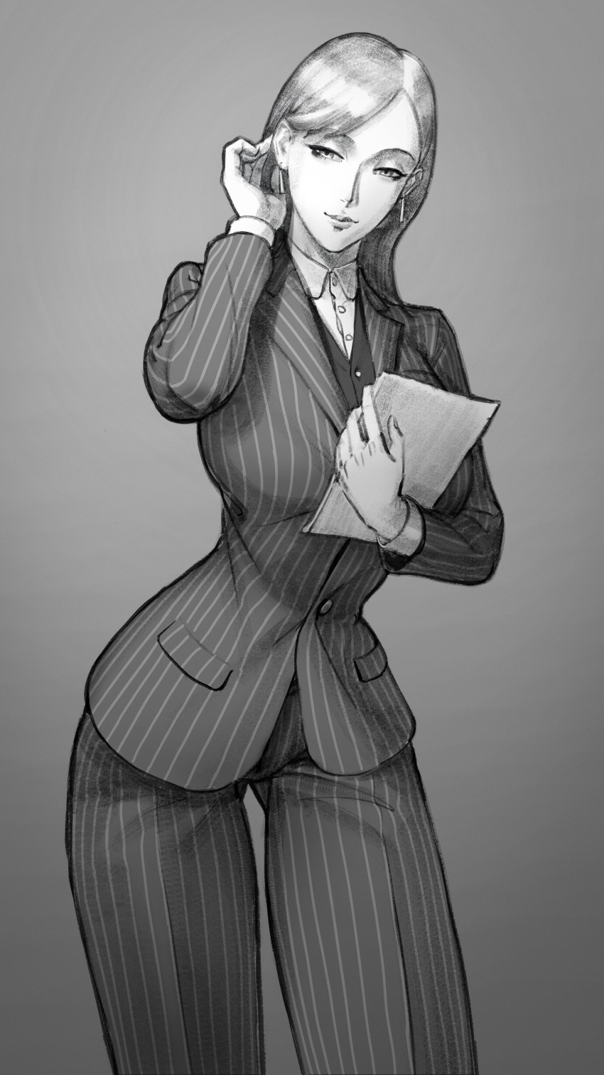 1girl absurdres ass_visible_through_thighs breasts closed_mouth earrings formal greyscale hair_tucking highres holding jacket jewelry large_breasts leaning_forward long_hair long_sleeves looking_at_viewer monochrome office_lady original pant_suit pants smile solo striped striped_jacket striped_pants suit vest wassnonnam