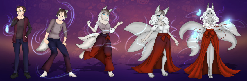 absurd_res anthro asian_clothing blue_fire brown_hair canid canine clothed clothing colored_fire female fire fox fur gender_transformation hair hi_res human long_hair luxianne male mammal multi_tail smile solo solo_focus tail transformation whiskers white_body white_fur white_hair