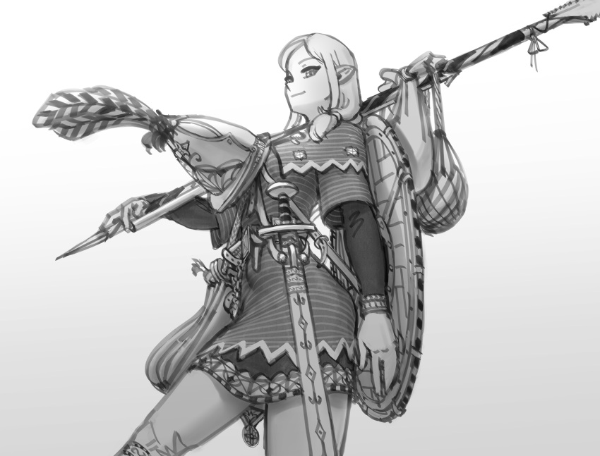 1girl absurdres closed_mouth greyscale hair_over_shoulder headwear_removed helmet helmet_removed highres holding holding_polearm holding_weapon looking_at_viewer monochrome pointy_ears polearm scabbard sheath shield_on_back smile solo spear sword wassnonnam weapon white_background