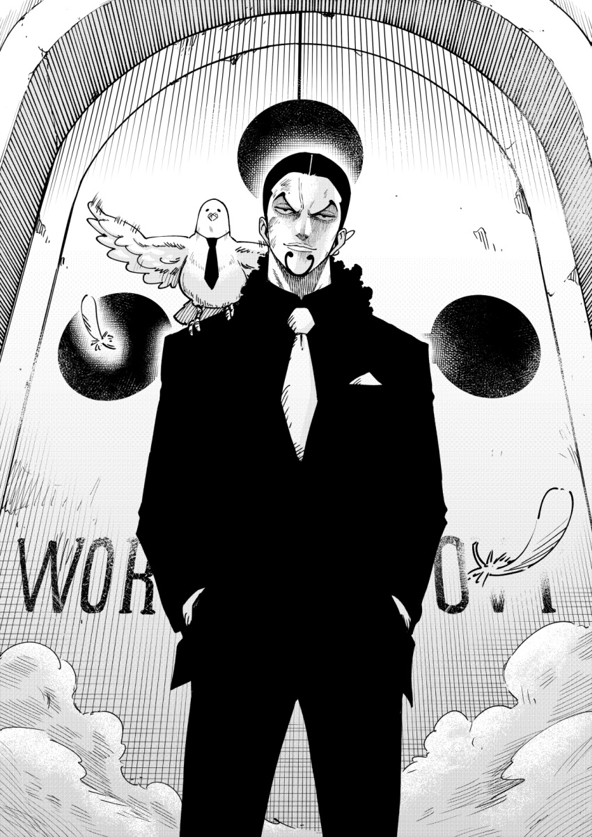 1boy 1other bird black_hair english_text evil_smile formal greyscale hattori_(one_piece) highres itou_shin'ichi looking_at_viewer medium_hair monochrome necktie one_piece pigeon ponytail rob_lucci smile solo standing suit