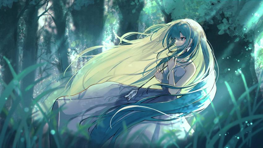 1girl absurdres arrow_(projectile) bangs blurry blurry_foreground day dress floating_hair forest grass green_eyes green_hair grey_dress gun hair_between_eyes hatsune_miku highres holding holding_arrow katorea long_dress long_hair nature outdoors rifle sleeveless sleeveless_dress solo spaghetti_strap standing straight_hair sundress sunlight very_long_hair vocaloid weapon