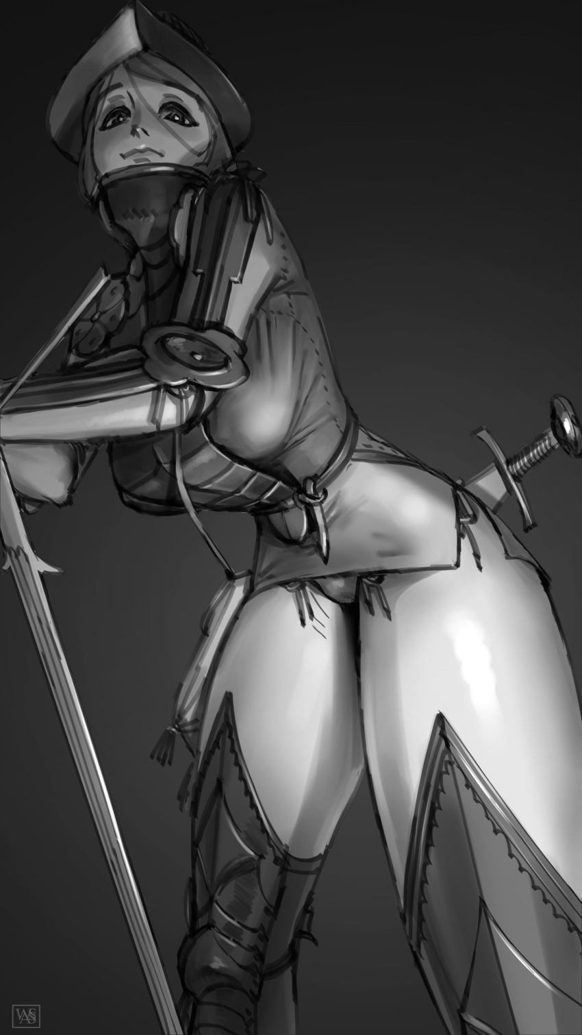 1girl armor breastplate breasts closed_mouth greyscale helmet highres large_breasts looking_at_viewer monochrome original panties smile solo sword tented_shirt underwear wassnonnam weapon