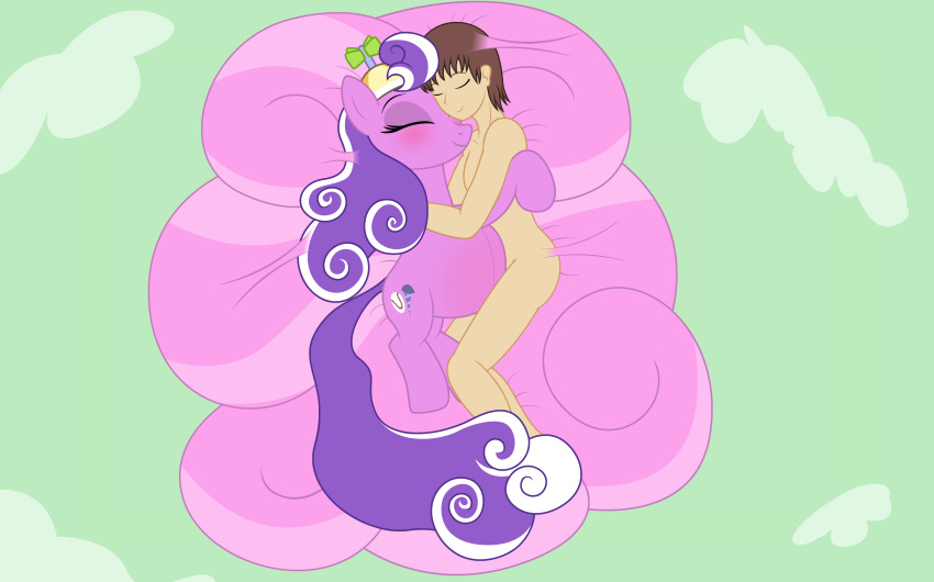 absurd_res badumsquish blush candy clothing cloud cotton_candy cuddling cutie_mark dessert equid equine eyes_closed female feral food friendship_is_magic generic_messy_hair_anime_anon hair hasbro hat headgear headwear hi_res horse human male mammal multicolored_hair my_little_pony pony pregnant pregnant_female propeller_hat purple_hair screwball_(mlp) two_tone_hair white_hair