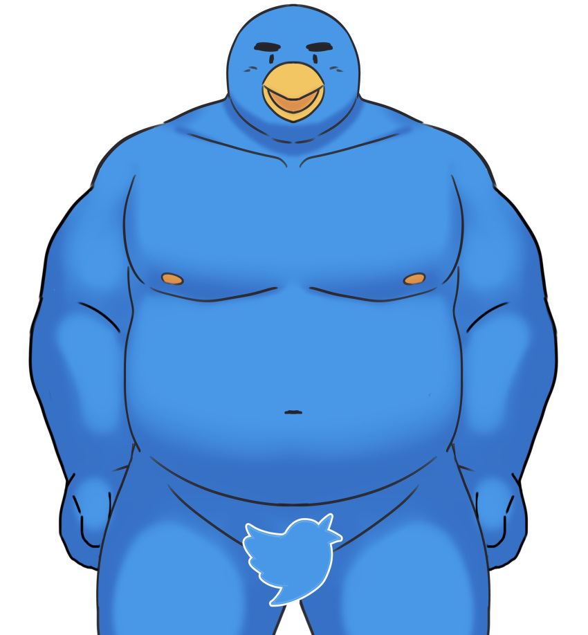 2023 belly big_belly black_eyes blue_body censored dot_eyes hi_res humanoid_hands kick_(artist) male moobs navel nipples overweight overweight_male simple_background solo twitter twitter_bird