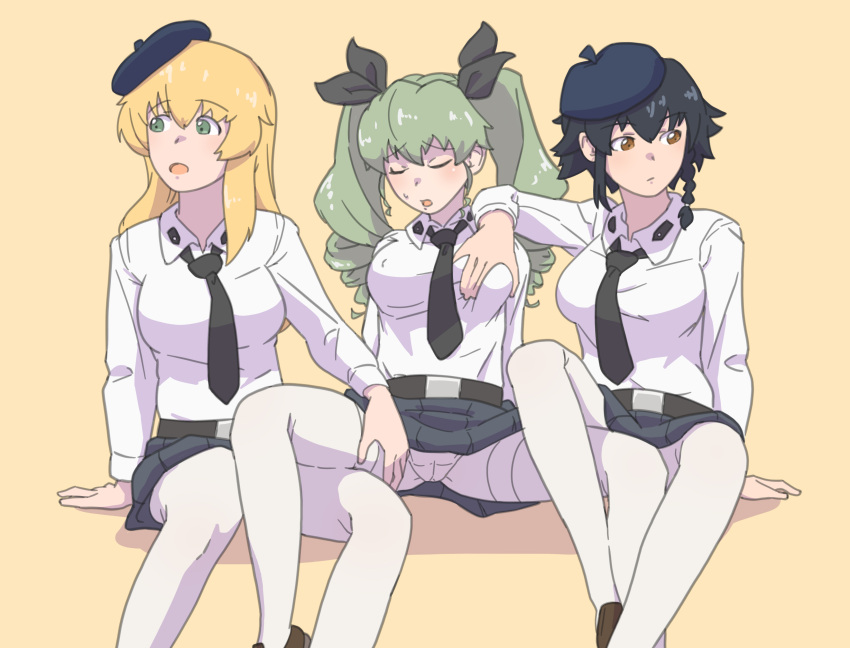 3girls absurdres anchovy_(girls_und_panzer) anzio_school_uniform arm_support black_hair black_necktie blonde_hair blue_skirt blush braid breast_grab breasts brown_eyes carpaccio_(girls_und_panzer) closed_eyes covered_nipples drill_hair girls_und_panzer grabbing green_eyes green_hair hand_on_another's_thigh hat highres huaronanago large_breasts long_hair multiple_girls necktie open_mouth orange_background panties panties_under_pantyhose pantyhose pepperoni_(girls_und_panzer) school_uniform simple_background skirt sleeping spread_legs sweat twin_drills twintails underwear white_panties white_pantyhose yuri