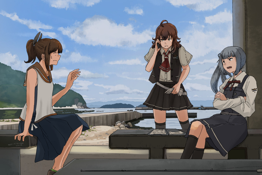 3girls ahoge arashi_(kancolle) black_shirt black_skirt black_socks blue_skirt brown_eyes brown_hair cellphone closed_eyes cloud commentary_request dated dress_shirt gloves gloves_removed grey_hair grey_thighhighs hair_ornament hairclip highres holding holding_phone i-401_(kancolle) kantai_collection kasumi_(kancolle) kuragare long_hair long_sleeves messy_hair mountainous_horizon multiple_girls neck_ribbon neckerchief ocean orange_sailor_collar phone pleated_skirt ponytail red_neckerchief red_ribbon ribbon sailor_collar shirt side-tie_shirt side_ponytail sidelocks signature sitting skirt sky sleeveless sleeveless_shirt socks standing suspenders sweatdrop talking talking_on_phone teeth thighhighs upper_teeth_only white_gloves white_shirt