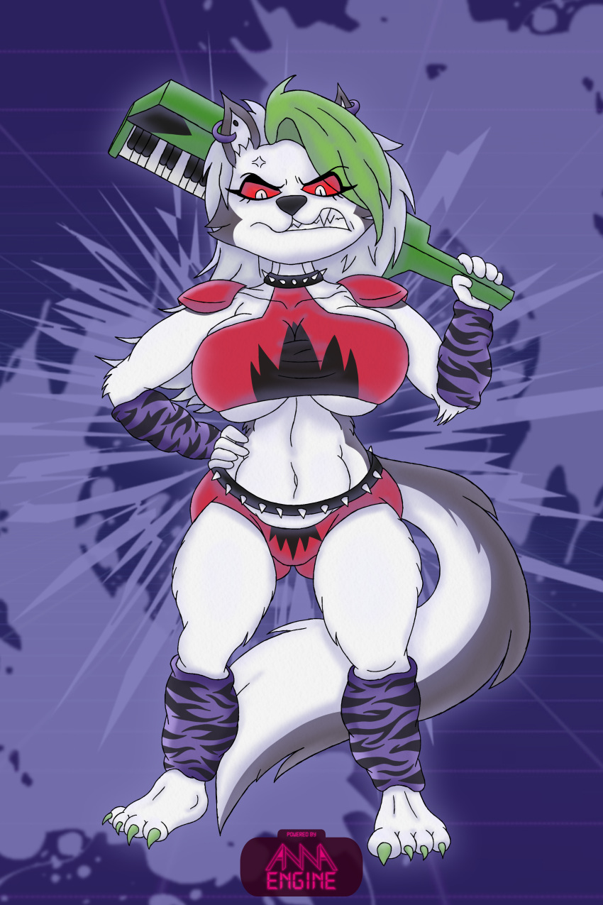 4_toes 5_fingers absurd_res alternate_costume angry annaengine anthro belt black_body black_fur black_nose bottomwear breasts canid canid_demon canine canis cheek_tuft claws clenched_teeth clothed clothing clothing_swap collar cosplay cross-popping_vein crossover crossover_cosplay curvy_figure demon digital_drawing_(artwork) digital_media_(artwork) ear_piercing eyebrows eyelashes facial_tuft fangs feet female fingers fluffy fluffy_tail front_view fur green_hair grey_body grey_fur hair hand_on_hip hellhound helluva_boss hi_res holding_object inner_ear_fluff keyboard_instrument keytar long_hair long_tail looking_at_viewer loona_(helluva_boss) mammal multicolored_body multicolored_fur musical_instrument navel piercing red_sclera sharp_teeth shoulder_pads signature solo spiked_belt spiked_collar spikes standing tail teeth teeth_showing thick_thighs thong toes topwear tuft under_boob underwear white_body white_fur white_hair wolf