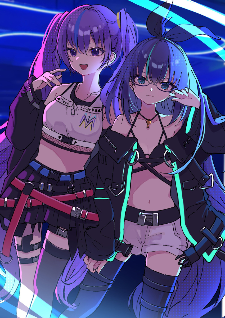 2girls :d absurdres asymmetrical_legwear belt black_bow black_bra black_hairband black_thighhighs blue_belt bow bow_hairband bra breasts character_request cleavage closed_mouth collarbone crop_top floating_hair glasses green_eyes hair_bow hairband highres holster katorea long_hair long_sleeves looking_at_viewer mole mole_under_eye multiple_girls open_mouth purple_eyes purple_hair short_shorts shorts small_breasts smile standing thigh_holster thighhighs twintails underwear very_long_hair white_shorts zettai_ryouiki