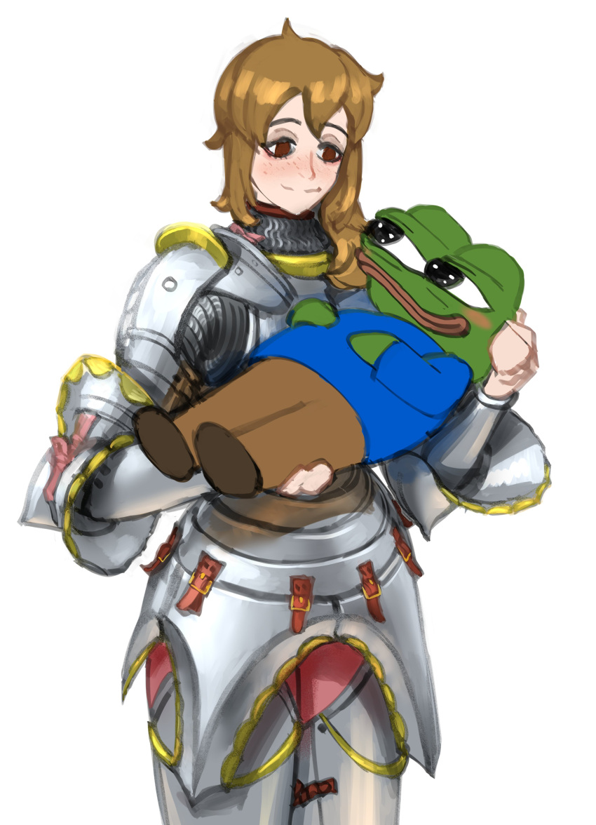 1boy 1girl 4chan absurdres apu_apustaja armor ashbie_the_aspie_girl boy's_club breastplate brown_eyes brown_hair carrying chainmail closed_mouth greaves hair_over_shoulder highres pepe_the_frog princess_carry simple_background smile standing wassnonnam white_background