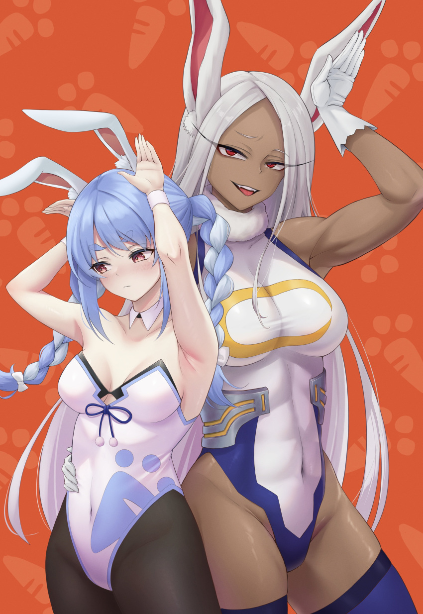 2girls absurdres animal_ears arms_up bangs bare_shoulders black_pantyhose blue_hair blush boku_no_hero_academia bow braid breasts bunny_pose carrot_print covered_navel crescent_print dark-skinned_female dark_skin food_print fur_collar gloves hair_bow hair_ornament hand_on_another's_waist highleg highleg_leotard highres hololive large_breasts leotard long_eyelashes long_hair looking_at_viewer looking_to_the_side medium_breasts mirko multicolored_hair multiple_girls nekorone0222 pantyhose parted_lips playboy_bunny pom_pom_(clothes) purple_thighhighs rabbit-shaped_pupils rabbit_ears rabbit_girl raised_eyebrow red_background red_eyes side-by-side strapless strapless_leotard taut_leotard teeth thighhighs thighs toned twin_braids two-tone_hair upper_teeth_only usada_pekora very_long_hair virtual_youtuber white_bow white_gloves white_hair white_leotard wrist_cuffs