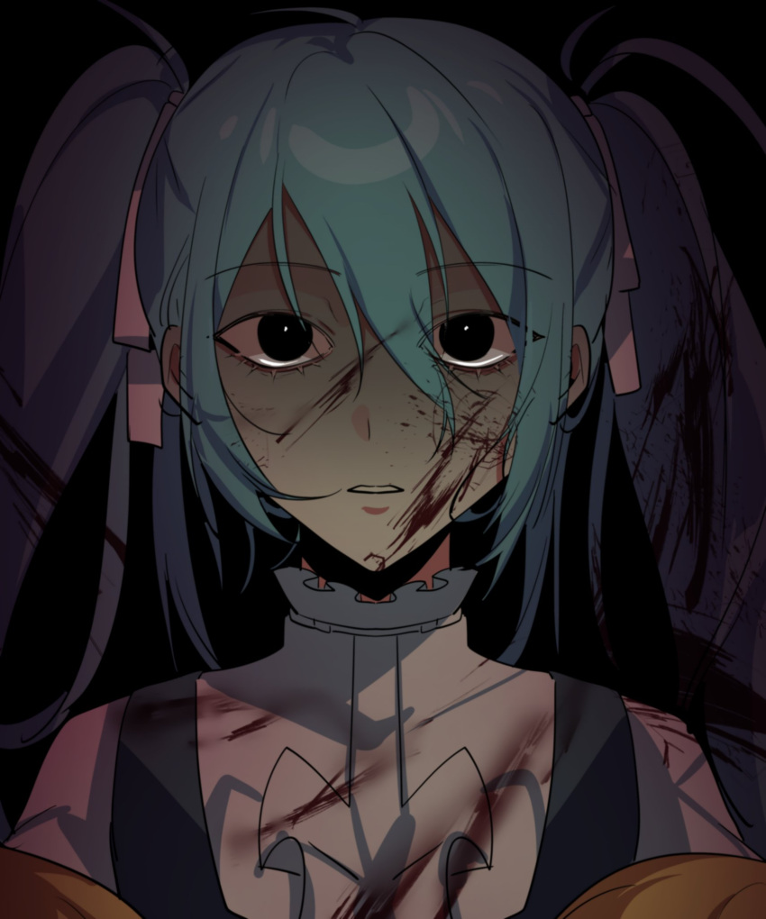 aqua_dress aqua_eyes aqua_hair black_eyes blonde_hair blood blood_on_face blouse collar dress eve_moonlit evillious_nendaiki expressionless frilled_collar frills hair_between_eyes hair_ribbon hatsune_miku highres holding_baby kaimiku_yummy long_hair moonlit_bear_(vocaloid) parted_lips ribbon shaded_face shirt solo_focus twintails very_long_hair