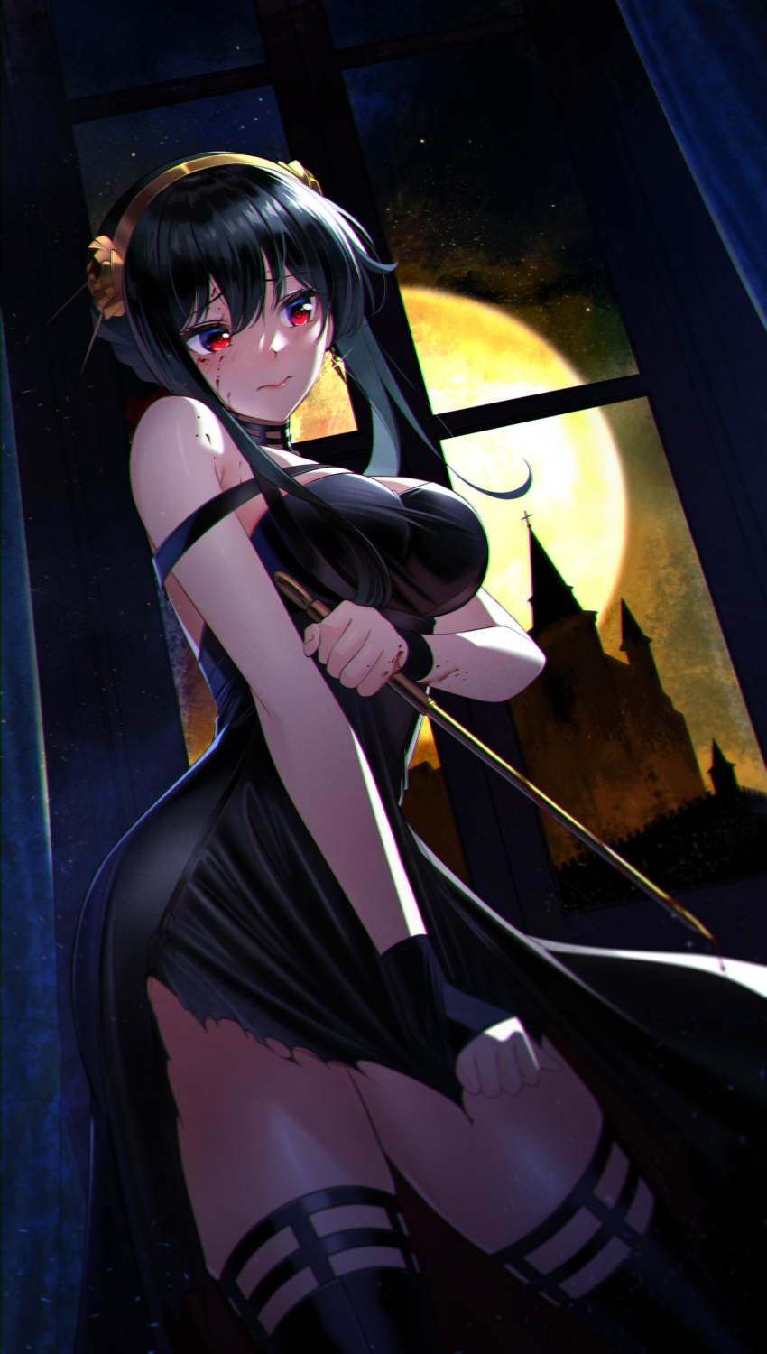 1girl absurdres bangs black_dress black_hair black_thighhighs blood blood_on_face closed_mouth dress dress_tug earrings full_moon hair_between_eyes hairband high-low_skirt highres holding holding_weapon indoors jewelry moon nyanmaru red_eyes short_dress short_hair_with_long_locks sidelocks sleeveless sleeveless_dress solo sparkle spy_x_family standing thighhighs torn_clothes torn_dress weapon yellow_hairband yor_briar