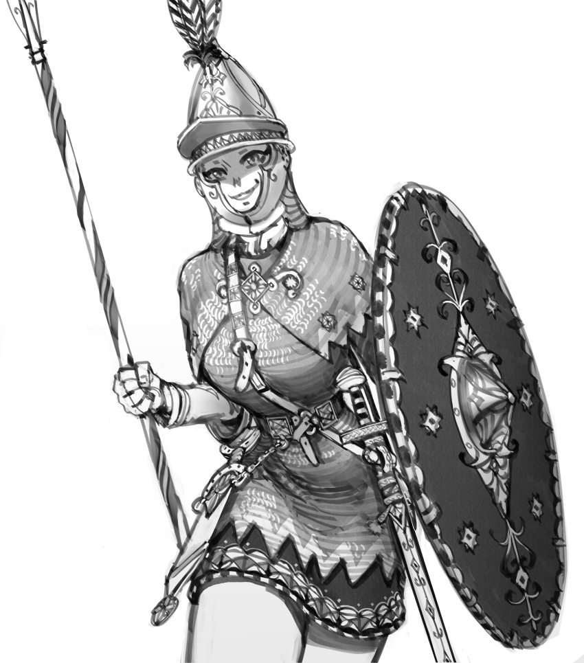 1girl absurdres armor cowboy_shot greyscale head_tilt helmet highres holding holding_polearm holding_shield holding_weapon legionnaire looking_at_viewer monochrome original parted_lips polearm scabbard sheath shield simple_background smile solo spear standing sword wassnonnam weapon white_background