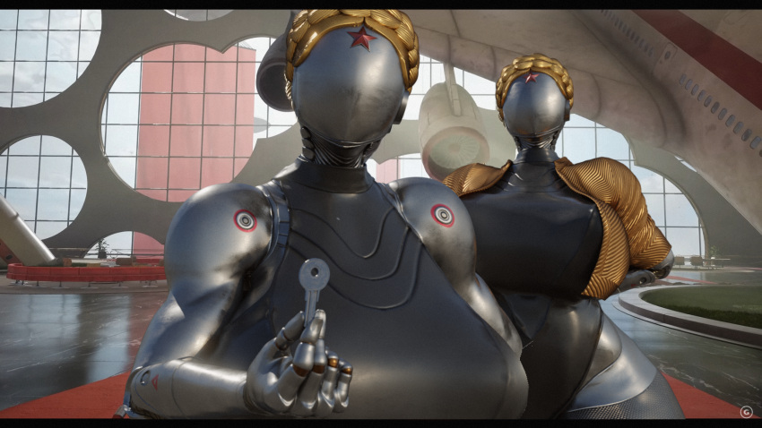 android atomic_heart big_breasts big_butt blonde_hair breasts butt clothing duo faceless_character female female/female futuristic hair hi_res huge_breasts huge_butt humanoid hyper hyper_breasts hyper_butt jacket machine metallic_body red_star robot robot_humanoid russian soviet_union sunr4y topwear wide_hips yellow_clothing yellow_jacket_(clothing) yellow_topwear