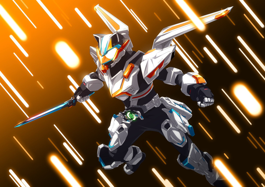 1boy animal_ears antennae black_bodysuit bodysuit clenched_hands command_buckle commentary desire_driver driver_(kamen_rider) earpiece flying goggles highres holding holding_sword holding_weapon kamen_rider kamen_rider_geats_(series) kamen_rider_tycoon kamen_rider_tycoon_command_form:jet_mode leg_armor microphone orange-tinted_eyewear orange_eyes otokamu raccoon_ears raise_sword rider_belt sword tanuki tinted_eyewear tokusatsu upper_body visor_(armor) weapon wings