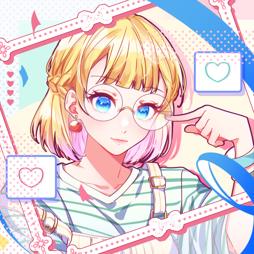 1girl absurdres apple_earrings bangs bespectacled blonde_hair blue_eyes bracelet braid casual closed_mouth colored_inner_hair commentary dotted_background dotted_line earrings food-themed_earrings framed glasses half_updo heart highres honeyworks index_finger_raised jewelry kokuhaku_jikkou_iinkai lips multicolored_background multicolored_hair narumi_mona overalls pink_hair pink_lips pointing pointing_at_self round_eyewear shirt short_hair short_sleeves single_braid solo sophia_pie_12 strap_slip striped striped_shirt two-tone_hair upper_body white_overalls white_shirt