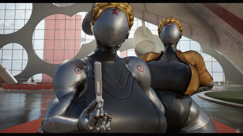 16:9 android atomic_heart big_breasts big_butt blonde_hair breasts butt clothing duo faceless_character female female/female futuristic hair hi_res huge_breasts huge_butt humanoid hyper hyper_breasts hyper_butt jacket machine metallic_body pregnant pregnant_female red_star robot robot_humanoid russian soviet_union sunr4y topwear wide_hips widescreen yellow_clothing yellow_jacket_(clothing) yellow_topwear