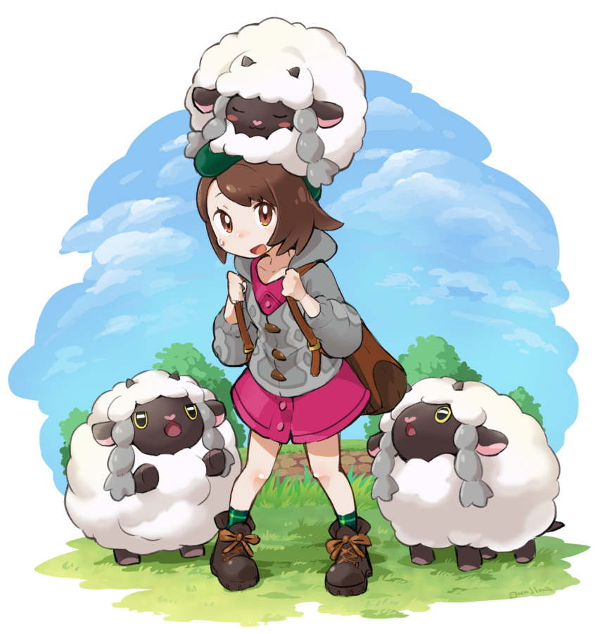1girl :3 backpack bag blue_sky boots brown_bag brown_eyes brown_footwear brown_hair buttons cable_knit cardigan closed_eyes cloud collared_dress commentary_request day dress gloria_(pokemon) grass green_headwear green_socks grey_cardigan gunjima_souichirou hands_up hat highres holding_strap hood hood_down hooded_cardigan long_sleeves looking_at_another looking_up on_head open_mouth outdoors pink_dress plaid_socks pokemon pokemon_(creature) pokemon_(game) pokemon_on_head pokemon_swsh sheep short_hair sky smile socks standing sweatdrop tam_o'_shanter tree wooloo