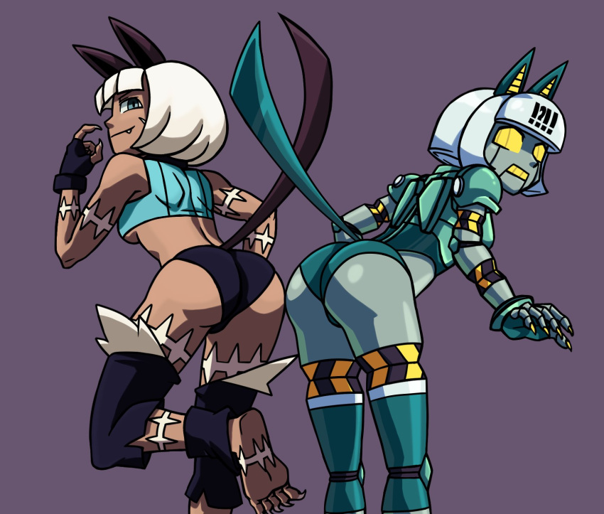 animal_ears animal_humanoid animal_tail barefoot big_butt black_bottomwear black_clothing black_gloves black_handwear black_legwear blue_clothing blue_eyes blue_topwear bob_cut bottomwear breasts butt cat_humanoid clothing colored_nails crop_top dark_body dark_skin duo exclamation_point fangs feet felid felid_humanoid feline feline_humanoid female fingerless_gloves gloves green_body hair handwear hi_res hotpants humanoid legwear lewdthealess looking_at_viewer looking_back looking_back_at_viewer machine mammal mammal_humanoid metallic_body nadia_fortune nails purple_background question_mark robo-fortune robot robot_humanoid scar sharp_nails shirt short_hair shorts simple_background skullgirls teeth thick_thighs topwear under_boob white_hair wide_hips yellow_eyes yellow_nails