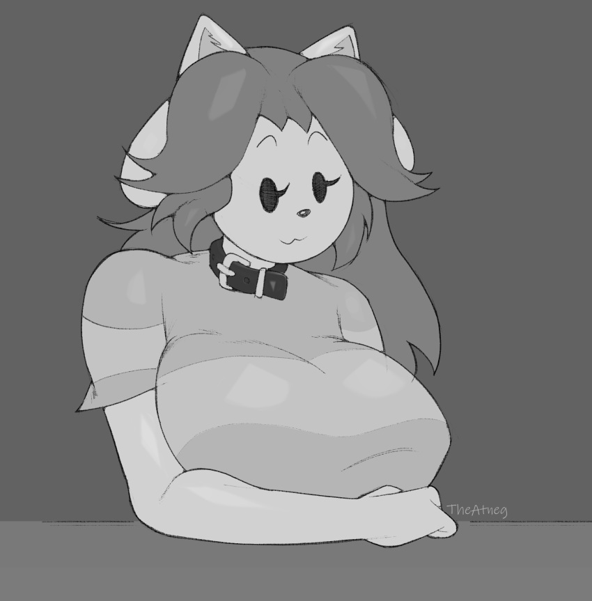 absurd_res anthro big_breasts breasts bust_portrait clothing collar female hair hi_res long_hair monochrome portrait shirt simple_background simple_eyes smile solo tem temmie_(deltarune) temmie_(undertale) theatneg topwear undertale undertale_(series)