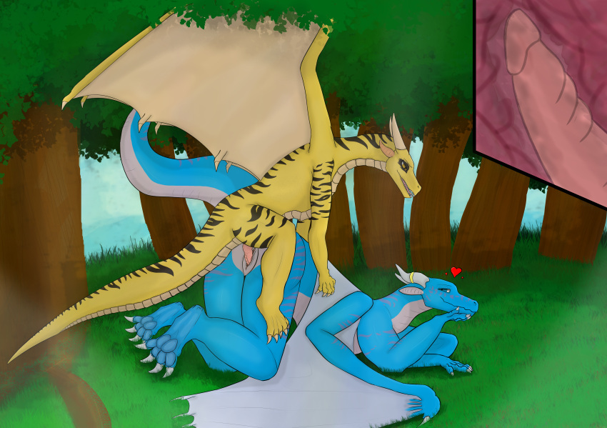 &lt;3 absurd_res aurixen azufira bent_legs blue_body blue_eyes butt doggystyle dragon duo female feral from_behind_position genitals grass hi_res horn looking_at_another looking_at_partner looking_pleasured male male/female nature nature_background pawpads paws penetration penile penile_penetration penis penis_in_pussy plant pussy raised_tail scales scalie sex size_difference snout squeed2115 stripes tail tree vaginal vaginal_penetration wings yellow_body yellow_eyes