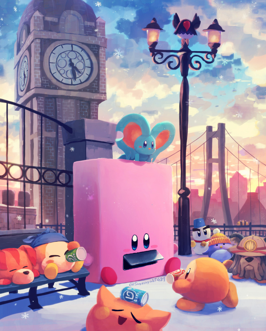 :d absurdres awoofy bandana bandana_waddle_dee beanie bench bernard_(kirby) bird blue_bandana blue_eyes blush blush_stickers bridge building can chilly_(kirby) cityscape clock clock_tower clocker closed_eyes cloud commentary_request corori dog drink drinking elfilin fence full_body gradient_sky hat highres holding holding_can kirby kirby_(series) kirby_and_the_forgotten_land lamppost mouthful_mode needlous no_humans open_mouth orange_headwear outdoors scarfy sitting sky sleeping smile snowflakes snowing snowman sunset suyasuyabi tower ufo_(kirby) vending_machine vending_mouth waddle_dee