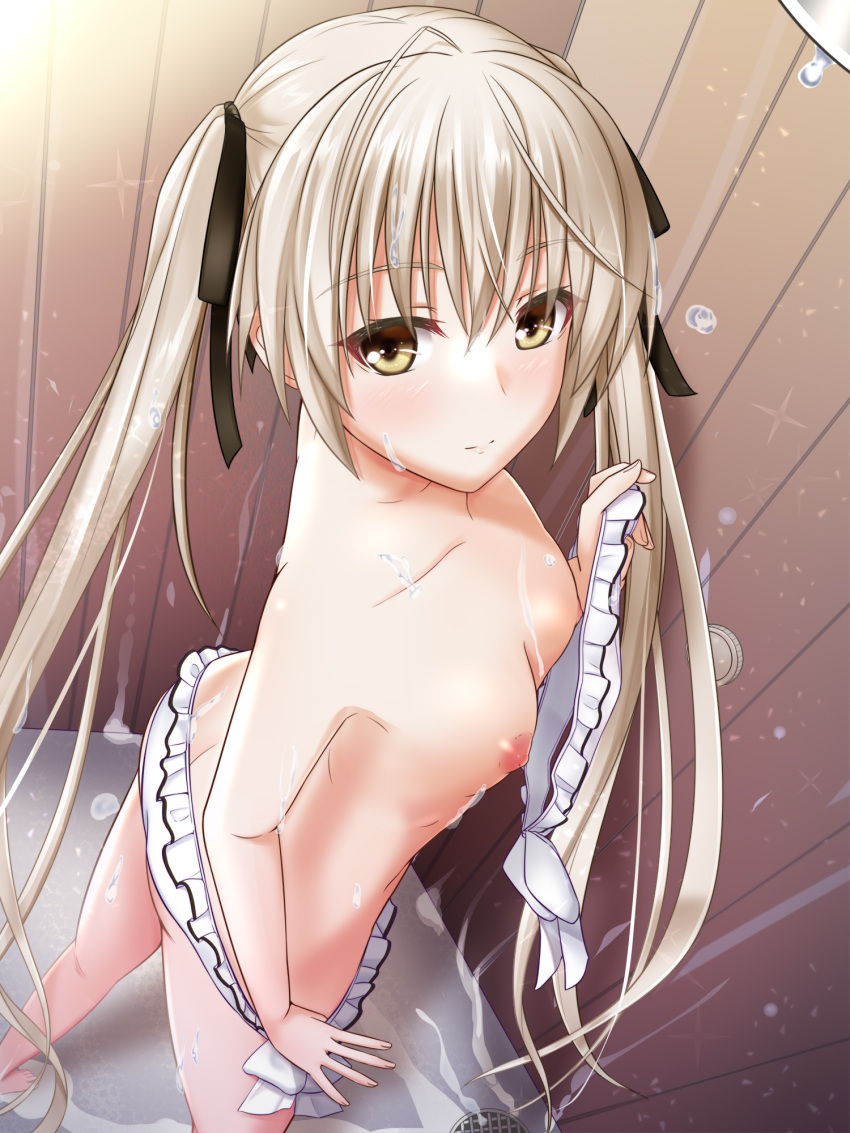 1girl ass bangs barefoot bikini black_ribbon bra breasts butt_crack cleavage collarbone drain_(object) dripping eyes_visible_through_hair fingernails grey_hair hair_ribbon highres holding holding_bra holding_clothes holding_underwear kasugano_sora light_blush long_hair looking_at_viewer nipples nyabe partially_undressed ribbon shower_head showering sidelocks small_breasts smile solo sparkle swimsuit twintails underwear undressing very_long_hair water_drop wet white_bikini wooden_wall yellow_eyes yosuga_no_sora