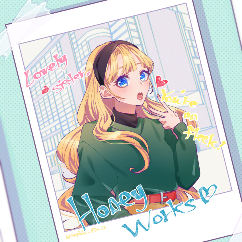 ! 1girl absurdres arm_at_side bangs belt belt_buckle black_hairband black_shirt blonde_hair blue_eyes blunt_bangs buckle building casual copyright_name dotted_background english_text green_sweater hairband heart highres honeyworks kokuhaku_jikkou_iinkai light_blue_background long_hair narumi_sena open_mouth outdoors photo_(object) red_belt shirt solo sophia_pie_12 sweater turtleneck upper_body v wavy_hair