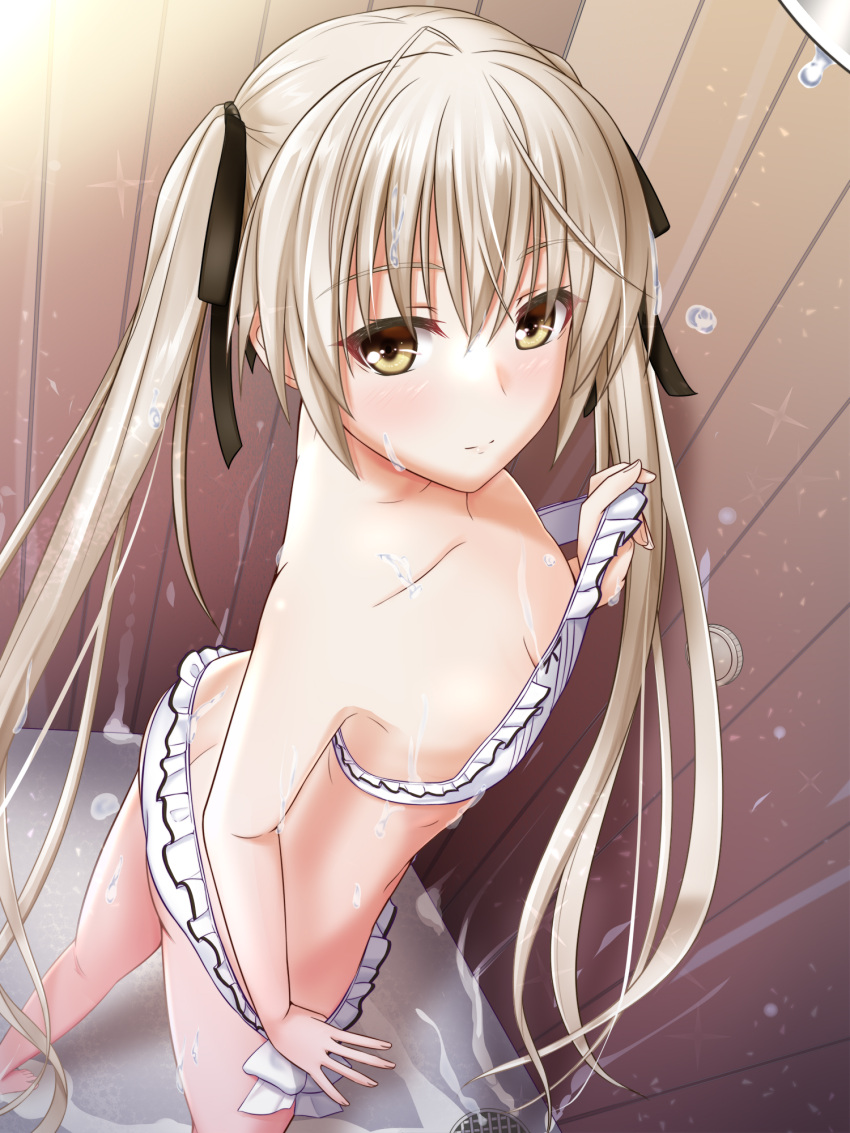 1girl ass bangs barefoot bikini black_ribbon breasts butt_crack cleavage collarbone drain_(object) dripping eyes_visible_through_hair fingernails grey_hair hair_ribbon highres kasugano_sora light_blush long_hair looking_at_viewer nyabe ribbon shower_head showering sidelocks small_breasts smile solo sparkle swimsuit twintails undressing very_long_hair water_drop wet white_bikini wooden_wall yellow_eyes yosuga_no_sora