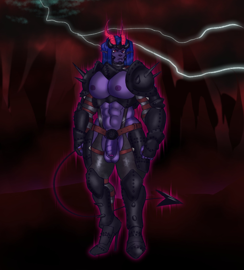 abs absurd_res areola armor balls bare_chest black_armor blue_hair clothing dark_areola demon flaccid footwear genitals glowing glowing_body grape_shifter hair harness hell hi_res high_heels horn humanoid_pointy_ears intersex intersex/intersex long_hair muscular pecs penis pink_eyes pink_horn purple_body purple_skin red_sky revi sky soldier solo spade_tail spiked_shoulderpads spikes warrior