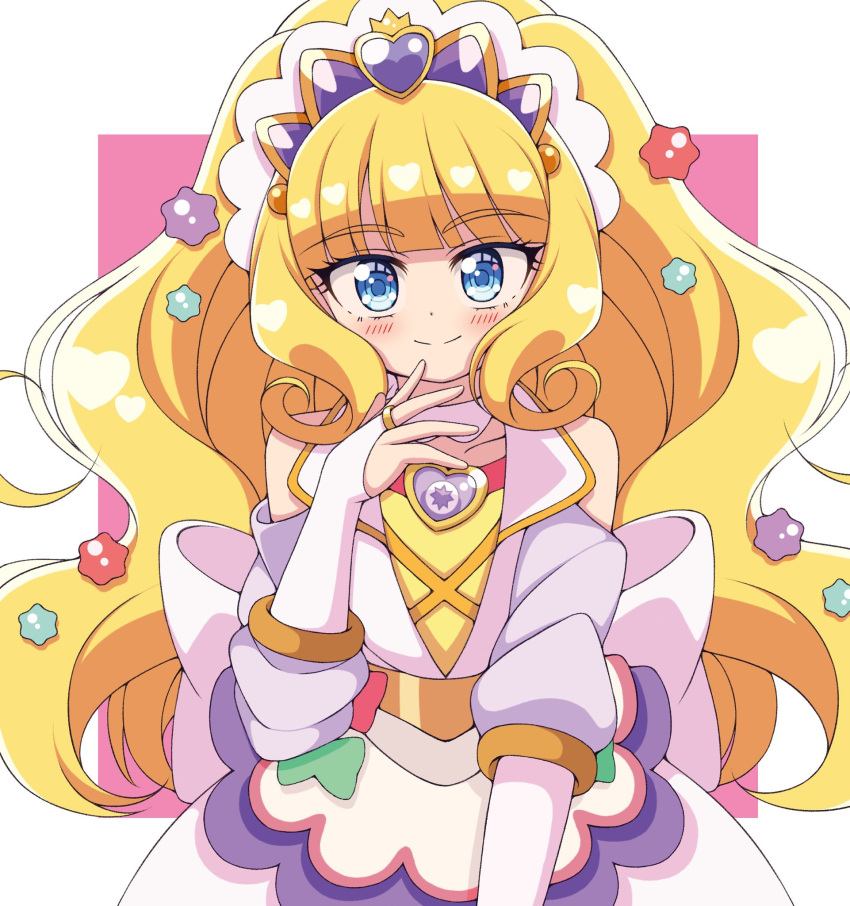 1girl back_bow blonde_hair blue_eyes blush bow bridal_gauntlets brooch commentary_request cure_finale delicious_party_precure heart_brooch highres huge_bow jewelry kasai_amane keima_(mfng4224) long_hair magical_girl precure sidelocks smile solo tiara very_long_hair white_bow wide_ponytail