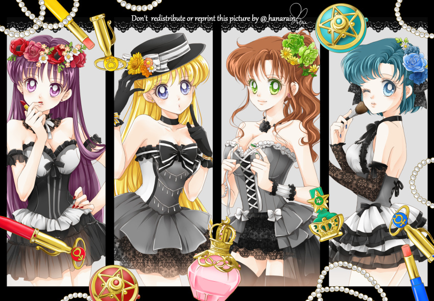 4girls :o aino_minako arm_strap bishoujo_senshi_sailor_moon black_bow black_gloves black_hair black_skirt black_sleeves black_thighhighs blonde_hair blue_eyes blue_flower blue_hair blue_nails blue_rose bow breasts brown_hair cleavage collarbone commentary_request corset cosmetics cowboy_shot detached_sleeves flower gloves green_eyes green_flower green_nails green_rose hair_bow hair_flower hair_ornament hand_on_hip head_wreath high_ponytail highres hino_rei holding holding_lipstick_tube index_finger_raised inner_senshi kino_makoto large_breasts layered_skirt lipstick lipstick_tube long_hair long_sleeves looking_at_viewer makeup medium_breasts miniskirt mizuno_ami multiple_girls nail_polish one_eye_closed orange_flower purple_hair red_flower red_lips red_lipstick_tube red_nails ribbon rose sarashina_kau see-through short_hair skirt sleeveless strapless sunflower thighhighs very_long_hair white_bow white_ribbon yellow_flower zettai_ryouiki