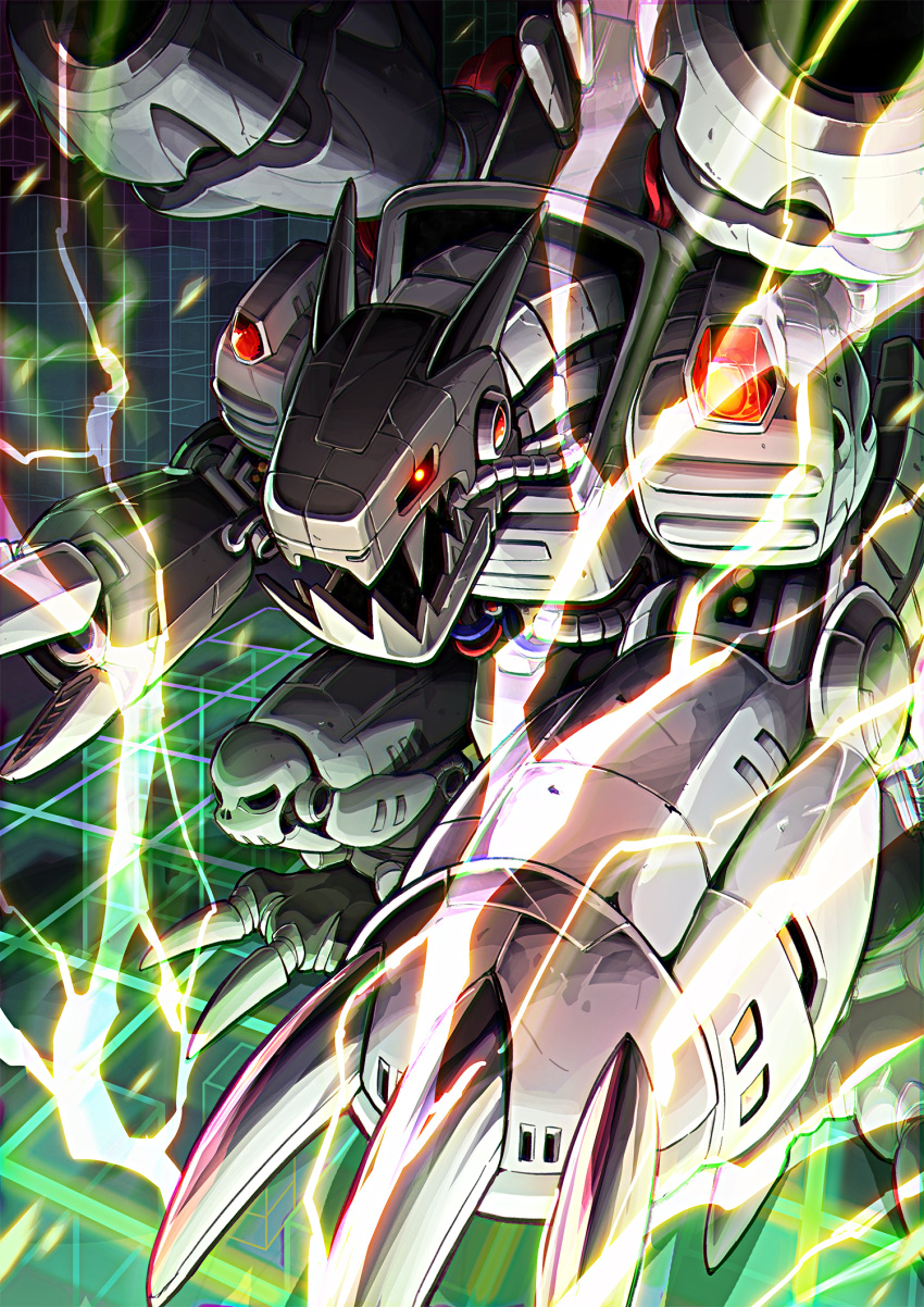 cable claws commentary_request digimon digimon_(creature) electricity glowing glowing_eyes gunjima_souichirou highres horns mugendramon no_humans non-humanoid_robot open_mouth red_eyes robot sharp_teeth shoulder_cannon solo standing teeth