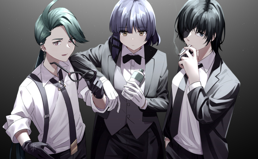 3girls bangs black-framed_eyewear black_bow black_bowtie black_gloves black_necktie black_pants black_suit black_vest blue_hair bocchi_the_rock! bottle bow bowtie chainsaw_man cigarette closed_mouth commentary_request expressionless eyewear_removed formal glasses gloves gradient_background green_hair highres himeno_(chainsaw_man) holding holding_bottle jouhou light_particles long_sleeves looking_at_viewer multiple_girls necktie pants pokemon pokemon_(game) pokemon_sv red_eyes reverse_trap rika_(pokemon) shirt smoking suit trait_connection vest water_bottle white_shirt yamada_ryou yellow_eyes