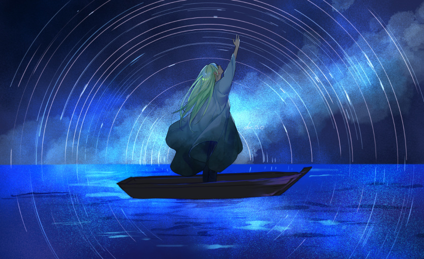 1other androgynous boat enkidu_(fate) fate/grand_order fate_(series) green_hair hand_up kingu_(fate) long_hair robe sakuramochi1003 solo standing water watercraft white_robe