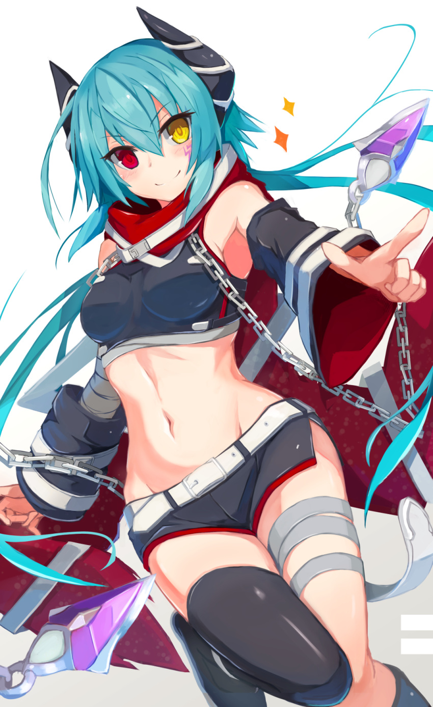 1girl akahuzi anna_(princess_connect!) aqua_hair bandaged_arm bandaged_leg bandages bangs belt black_shirt black_shorts blush breasts chain crop_top detached_sleeves facial_mark hair_between_eyes heterochromia highres horns long_hair looking_at_viewer medium_breasts midriff navel pointing princess_connect! red_eyes red_scarf scarf shirt shorts single_thighhigh skin_tight smile solo thighhighs yellow_eyes